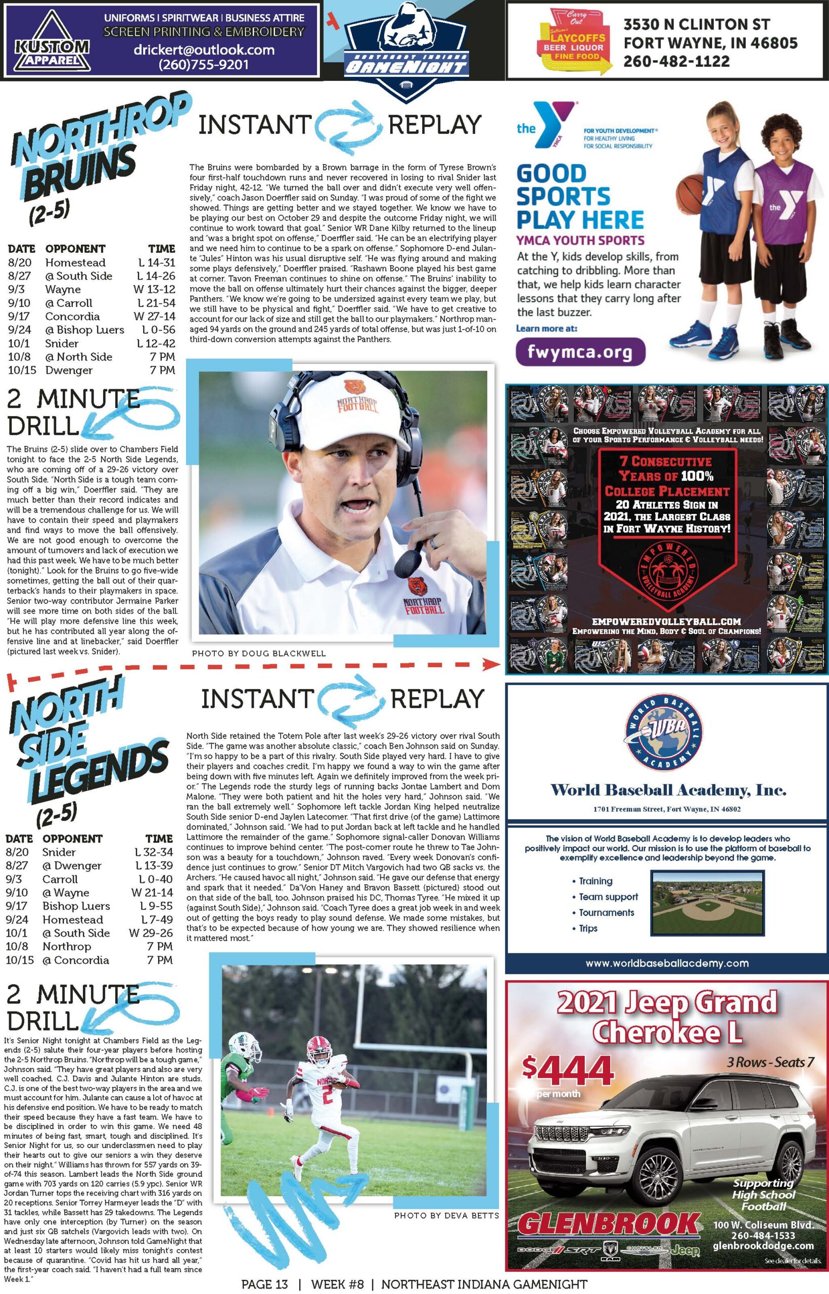 Magazine page featuring sports legends and a replay section with images and text.
