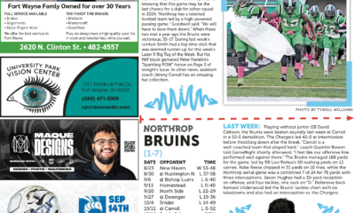 Cheerleaders performing at a sports event with audience in background.