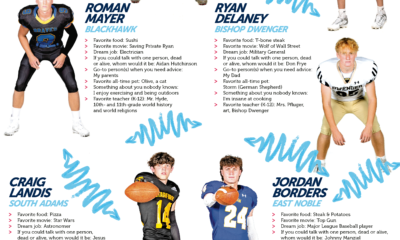 High school football players posing with stats and descriptions in a magazine layout.