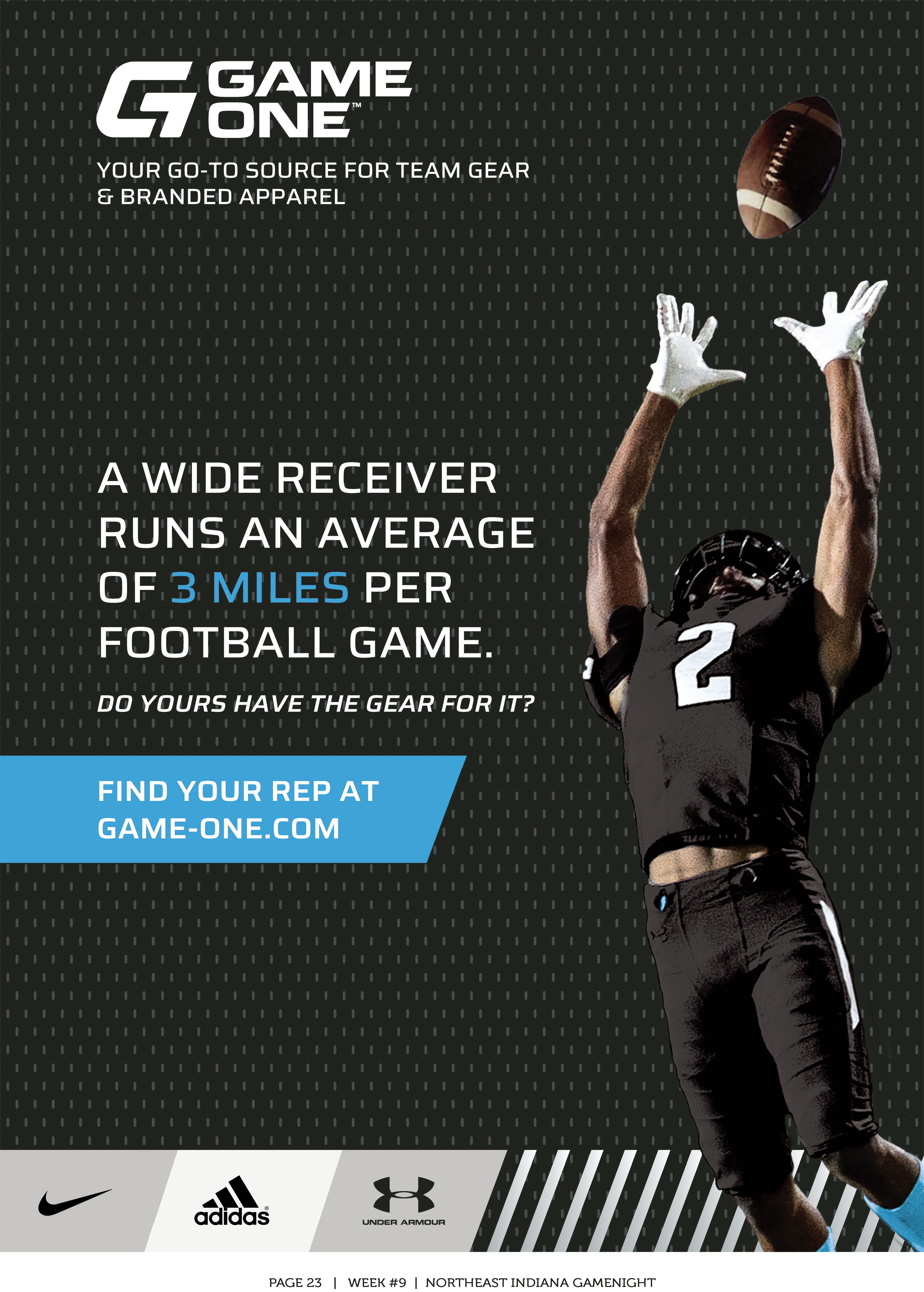 Football player catching a pass with a motivational performance message.