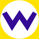 A bold purple 'W' inside a white circle on a yellow background.