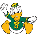Cartoon duck wearing a green Oregon Ducks outfit and hat.